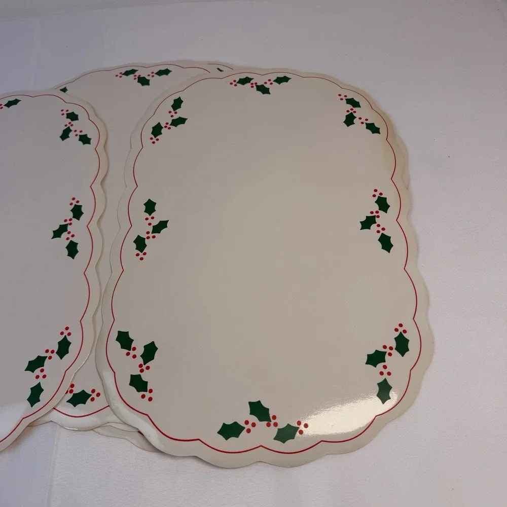 6 Vintage Placemat Set Holly Berry Christmas Holiday Oval Vinyl MCM Granny Core